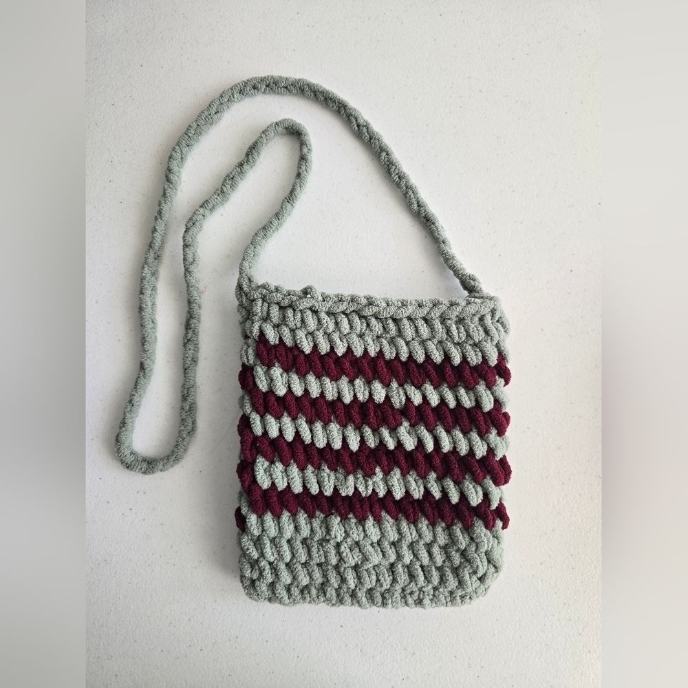 Handcrafted Gray and Red Crochet Shoulder Bag.
